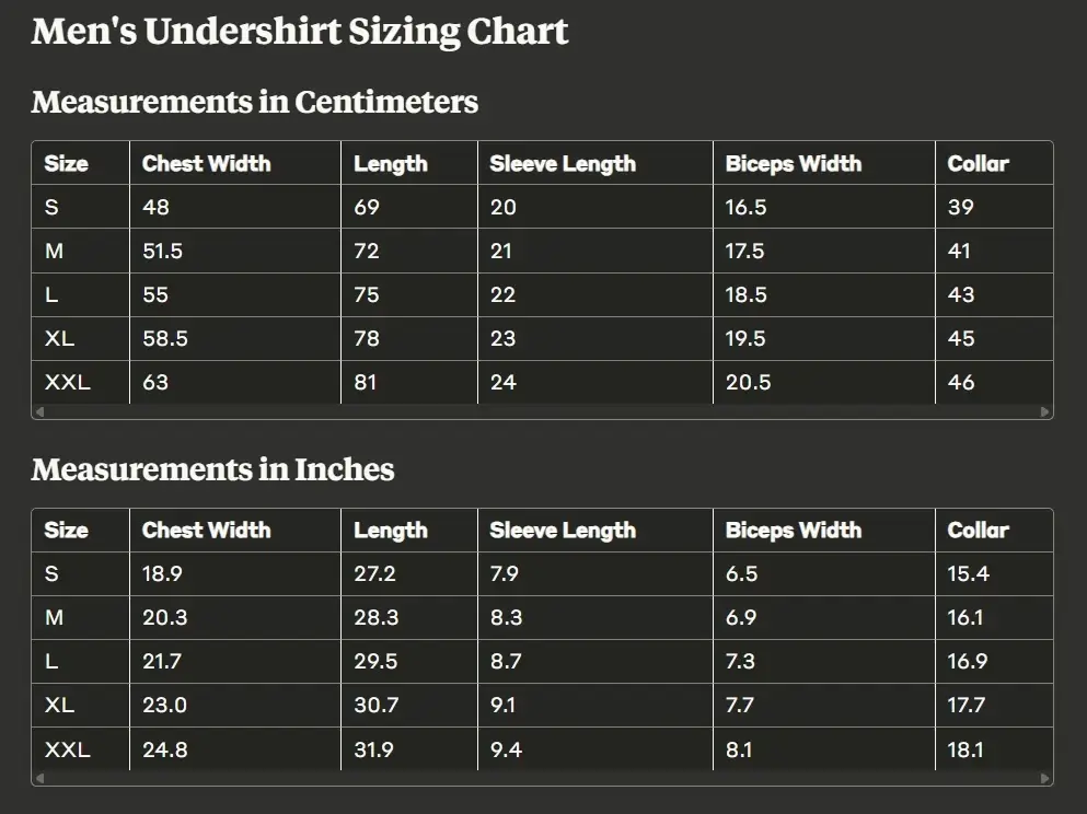 Sizing chart